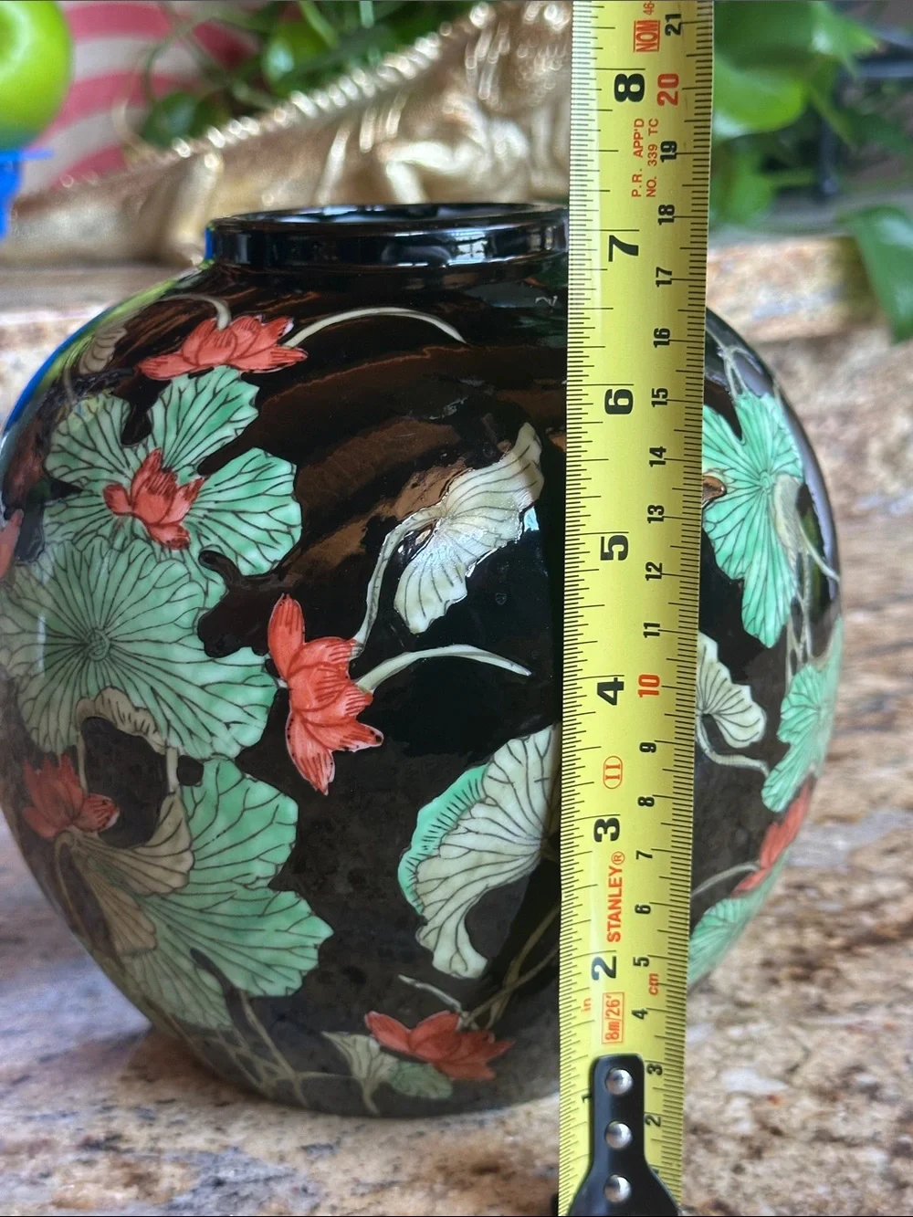 Black Ceramic Lotus Vase with Green and Coral Floral Motif